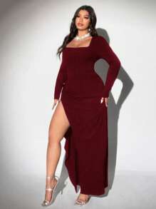 Viva Relle Women Plus Size Solid Color Square Neck Long Sleeve Side Slit Elegant Dress - Burgundy - View 6