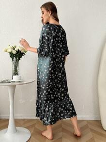 Ruffled Ditsy Floral Long Nightgown Babydoll Perfect Summer - Dark Grey - View 2