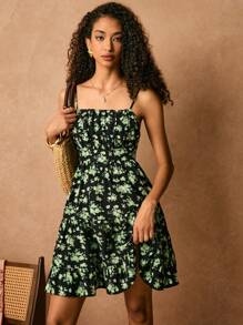 Poéselle Ditsy Floral Print Ruffle Hem Cami Dress Sundress Bridgerton - Green - View 6