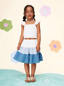 CutesyCutie  2pcs Set: Woven Solid Color Ruffle Trim Camisole Top + Woven Contrast Color Mini Skirt For Young Girls - Multicolor - View 7