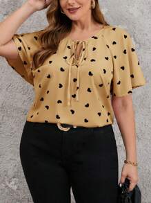 SHEIN Clasi Plus Size Elegant Bow Collar Ruffle Sleeve Heart Print Summer Shirt - Apricot - View 1