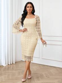 SHEIN Lady 四季秋装化妆舞会礼服优雅女士连衣裙秋季紫色连衣裙蕾丝镂空面料婚纱紫色返校节礼服演唱会女士蕾丝长袖装优雅修身喇叭长袖连衣裙秋季女装 - 米色 - 查看 2