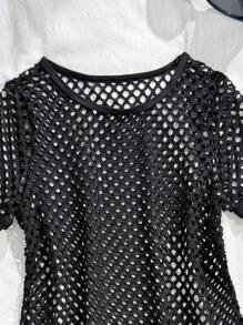 SHEIN 女童泳衣罩衫，纯色毛绒球装饰镂空罩衫，适合夏季度假、海滩、海滨 - 黑色 - 查看 3