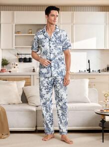Manfinity Chinese Style Figure & Landscape Print Men Short Sleeve Sleeve Pajama Set With Collar - Multicolor - View 6