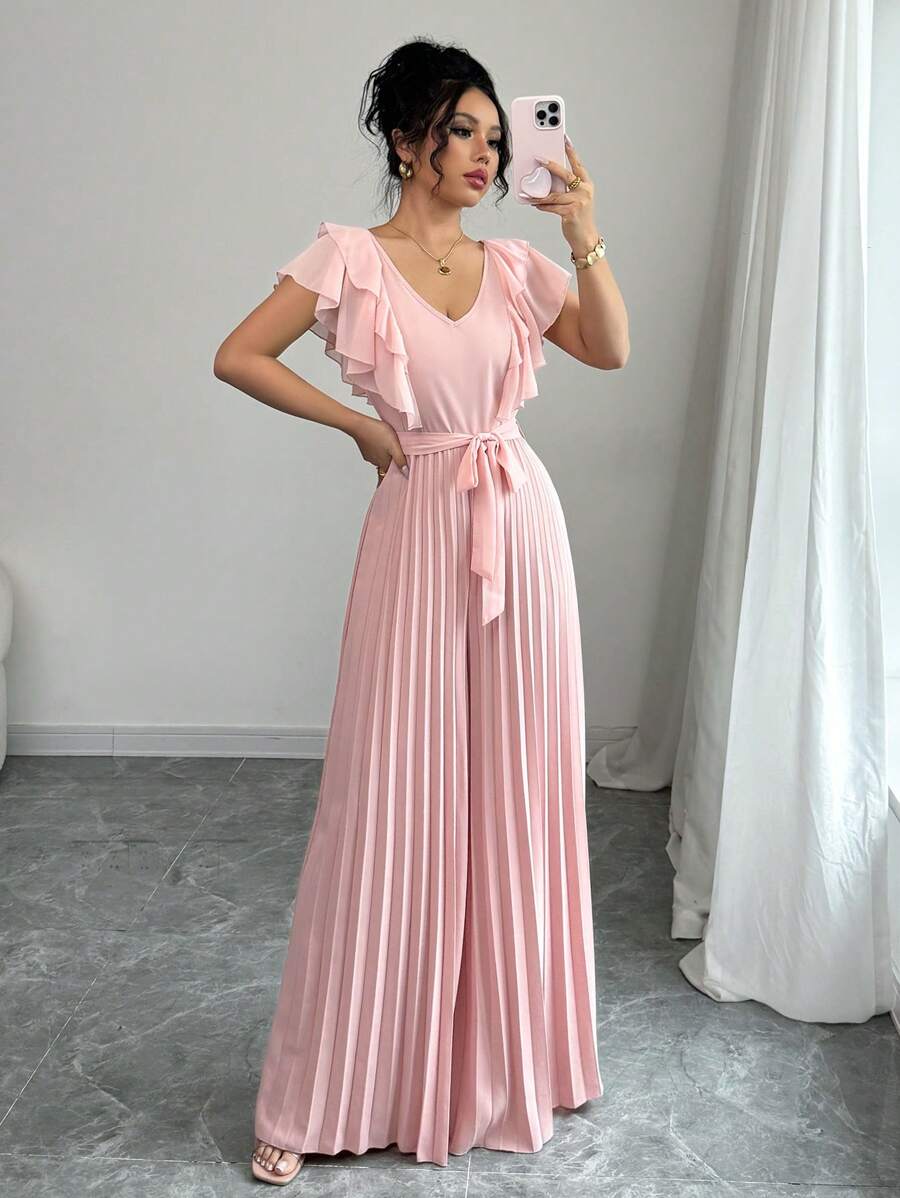 Elenzga 女士 V 领荷叶边修腰 A 字型优雅浪漫连身裤 - 粉色 - 查看 1