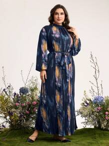 Graceveil Plus Size Women Loose Tie-Dye Pattern Pleated Tie-Waist Modest Arabic Style Dress - Multicolor - View 5