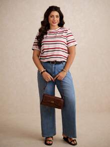 Elaquor Plus Size Vacation Color Block Striped Casual Summer Short T-Shirt - Red - View 2