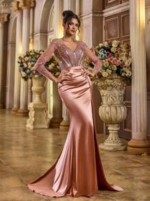 Aureia 优雅奢华的 V 领长袖蕾丝亮片刺绣紧身鱼尾长裙，带透明面板，弹力绉布面料，适合婚礼、派对、鸡尾酒会、节日、庆典活动、婚礼宾客礼服、正式礼服、晚礼服、礼服