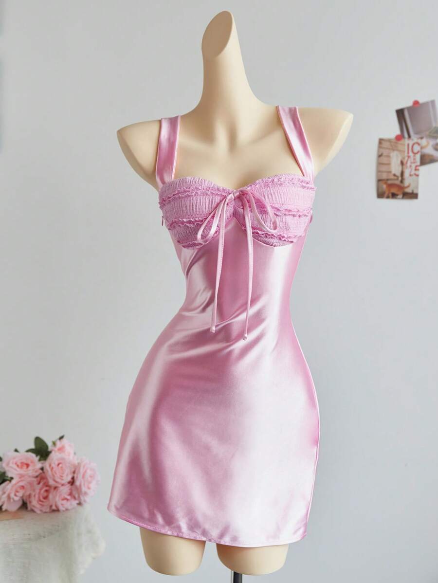 SHEIN Unity 女士前系带优雅粉色蕾丝吊带裙 - 粉色 - 查看 1