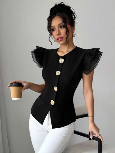 Rafferiza Women's Premium Elegant Layered Sleeveless Vest, Blazer-Style Black, With Sleeves Patchwork & Ruffle Trim