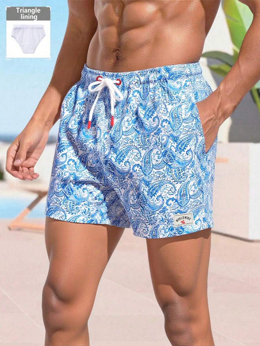 Manfinity KASUA Men's Casual Vacation Cashew Print Drawstring Waist Beach Shorts - Blue - View 1