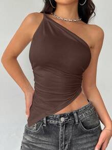 Flirla Maglie da donna a tinta unita con collo asimmetrico