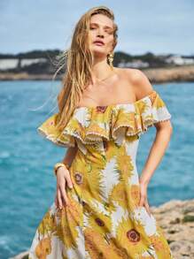 MOTF PREMIUM WOMEN'S LINEN FLORAL PRINT OFF SHOULDER MAXI DRESS, SUMMER VACATION - Multicolor - View 7