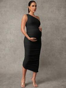 MaterniChic Rochie elegantă de maternitate pentru femei însărcinate, culoare solidă, fără mâneci, cu pliuri, ajustabilă