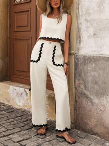 SHEIN LUNE Women's Casual Square Neck Sleeveless Crop Top With Contrast Tape Decor And Straight Leg Pants Set, Spring/Summer - Apricot - View 3