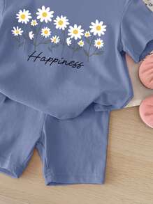 SHEIN LMoss Kids Bộ quần short tay ngắn tối giản giản dị cho bé gái, phù hợp cho mùa hè - Màu xanh lam - Xem 4