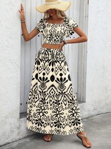 Breezaya 2 件套女士节日植物印花荷叶边袖衬衫和迷你裙套装 - 杏色 - 查看 3