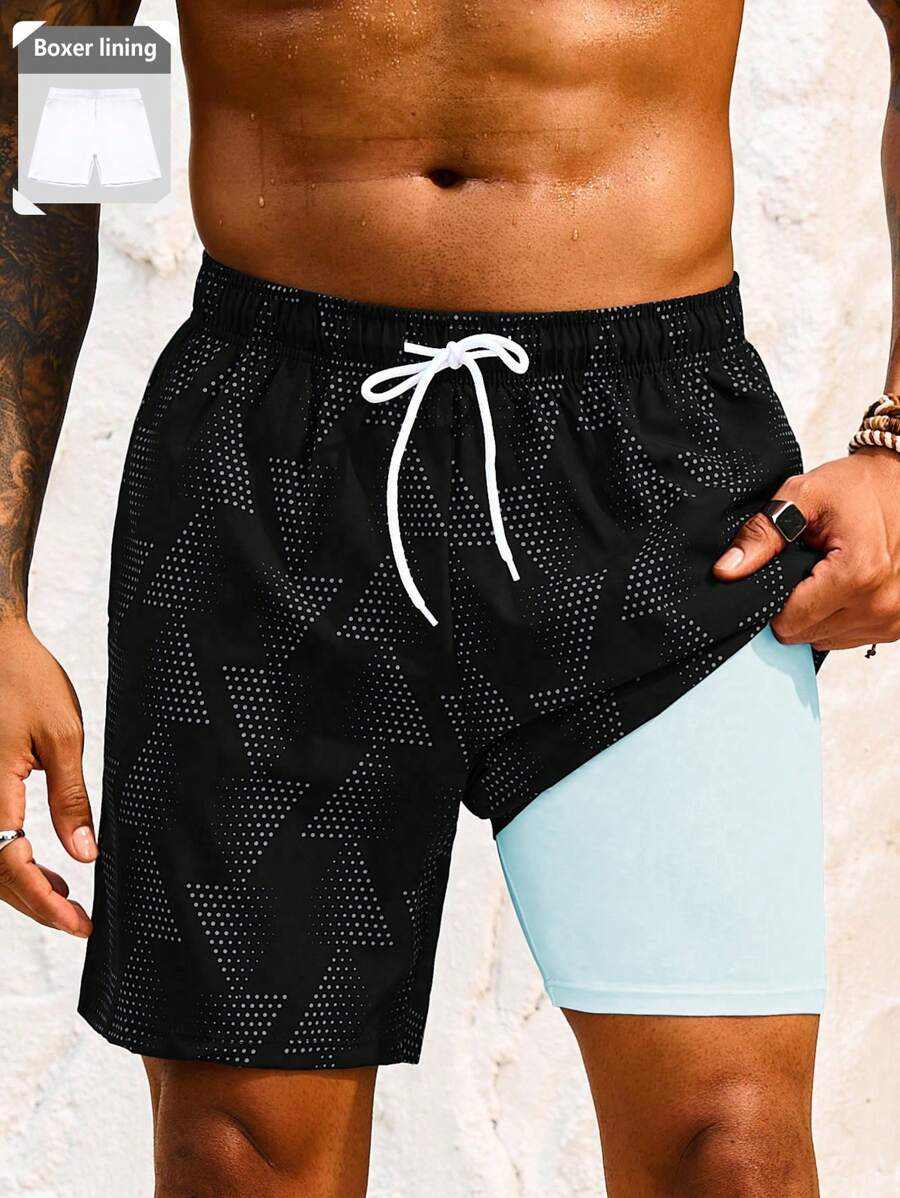 Manfinity VDAYZ Men's Geometric Print Drawstring Waist Beach Shorts - Multicolor - View 1