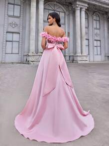 Glamrae Spring And Summer, Elegant, Romantic, Dignified, Fashionable, Lotus Pink Color, Satin, Sequin Stitching, Strapless Three-Dimensional Flower Decoration, Detachable Waist Ribbon, Bow, Back Strap, Train, Large A-Line Dress, Suitable For Birthday Parties, Wedding Guests, Vacation, Holiday Dances, Back To School Season, Graduation Season, Formal Dinner Dresses(Heavy Model), Party Dress, Gown, For Evening,Graduation,Teacher Outfits For Women,Teacher Dress - Pink - View 1