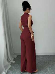 Elenzga 珍珠串珠无袖收腰杏色优雅通勤叠领上衣阔腿连体裤，舒适连体裤，不对称无袖上衣连体裤，适合春夏秋冬季节，演唱会女装，优雅，晚礼服，适合日常、通勤、婚礼季节