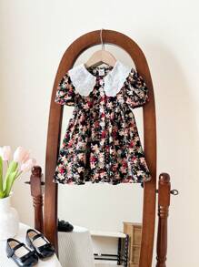 SHEIN Babygirl Summer Cute Floral Print Vacation Dress - Black - View 3