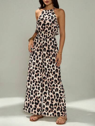 SHEIN PETITE Women's Leopard Print Sleeveless Casual Jumpsuit For Summer Holiday Cheetah Old Money Style