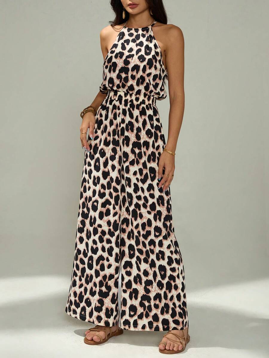 SHEIN PETITE Bộ đồ liền thân không tay họa tiết da báo cho kỳ nghỉ hè phong cách Cheetah Old Money - Nhiều màu - Xem 1