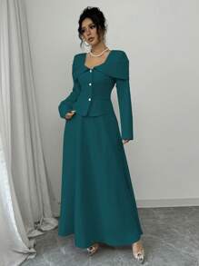 Elenzga Women's Solid Color Front Button Long Sleeve Top And Skirt Elegant 2 Pieces Set - Dark Green - View 3