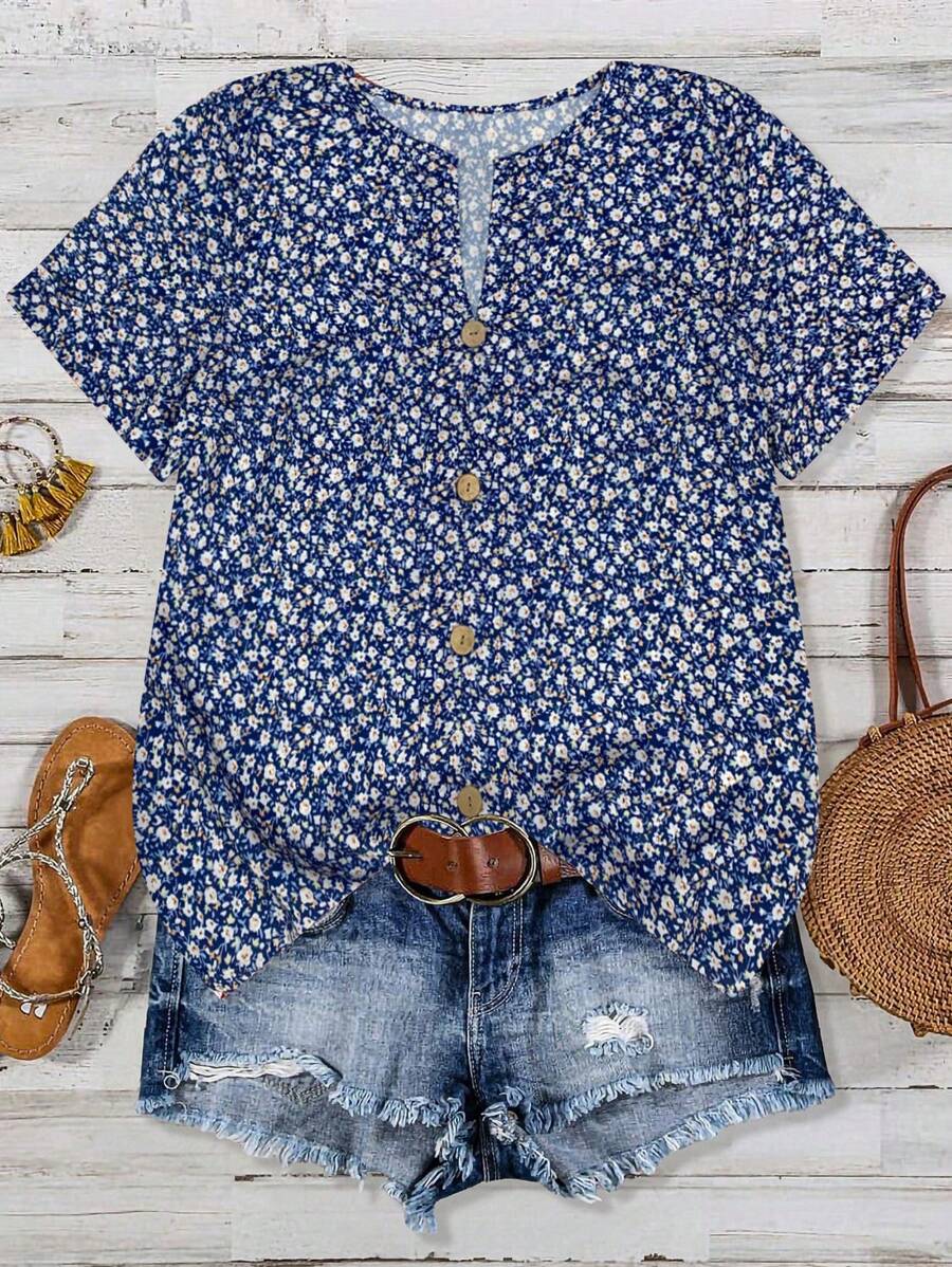 EMERY ROSE Áo cánh hoa xanh lãng mạn thường ngày cỡ lớn cho nữ, mùa xuân/hè - Màu xanh hải quân - Xem 1