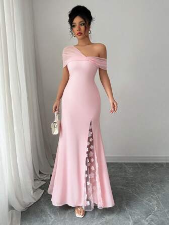 Rafferiza 女士优雅性感别致纯色露肩网眼花卉拼布修身中长连衣裙