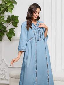 Al Najma Robe arabe à col en V brodée géométrique pour femmes, à manches 3/4, modeste - Bleu azur - Voir 2