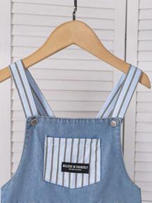 2pcs/Set Toddler Boys Casual College Style White Round Neck Long Sleeve T-Shirt And Blue Washed Denim Bib Overall Pants - Blue - View 7