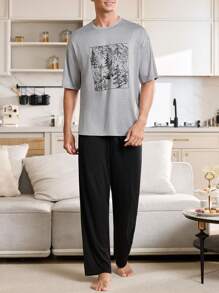 CoupledUp 个性化创意印花宽松圆领短袖T恤和直筒裤男士休闲睡衣套装