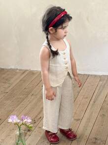 LMoss Kids LMoss 2pcs Baby Girl Set:Beige Summer Modest Cocktail Woven Solid Square Neck Top + Loose Casual Long Pants Sisters Cute Matching Outfit For Girls - White - View 3