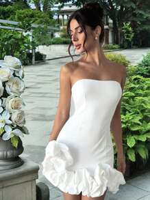 Firerie 新款欧根纱荷叶边分层白色连衣裙女士夏季服装度假服装女士婚礼宾客礼服，婚礼宾客礼服，新娘送礼会礼服白色；全白连衣裙