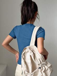 DAZY Fitted Solid Color Casual Round Neck Short Sleeve T-Shirt For Women - Blue - View 5