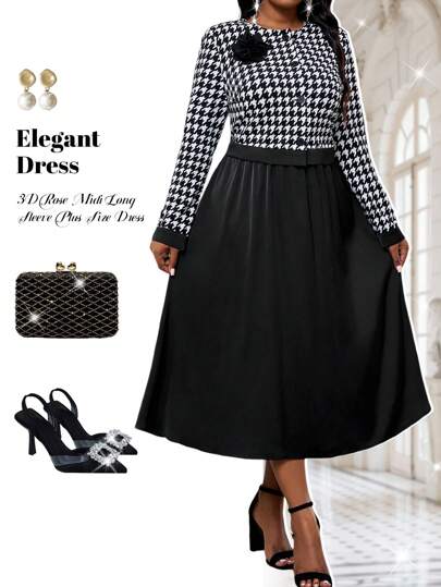 Fleurora 春秋冬优雅通勤鸡尾酒会音乐会/音乐节黑白千鸟格针织梭织缎圆领3D玫瑰中长袖大码套装优雅女装两件套女士冬装长袖两件套女士节日服装女士节日服装节日服装春装老钱女士音乐会服装音乐会端庄服装女士春假服装外出服装女士春季服装