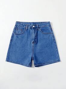 SHEIN EZwear 女士宽松休闲百搭牛仔短裤，带口袋 - 中等水洗藍 - 查看 5