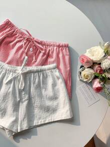 Comfortcana 2 chiếc quần short kẻ sọc vải lanh cho nữ - Đỏ và trắng - Xem 7