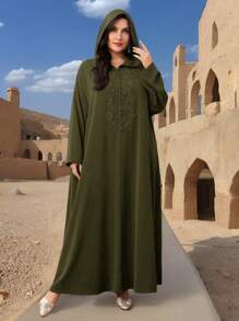 Al Najma Abaya plus size com capuz verde-exército, elegante painel de renda e robe de mangas compridas: um vestido modesto de tecido para uso diário - Verde de Exercício - Ver 3
