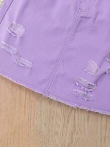 Tween Girl Y2K Cute Casual Ripped Short Ruffle Hem Waist Denim Skirt And Crop Top Matching Set - Purple - View 5