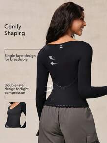 OutZeal Women's Black Athletic T-Shirt, Suitable For Camping And Fitness, Long Sleeves, Tummy Control, Quick-Drying, Buttery Soft, V-Neck With Thumbholes. - Black - View 3