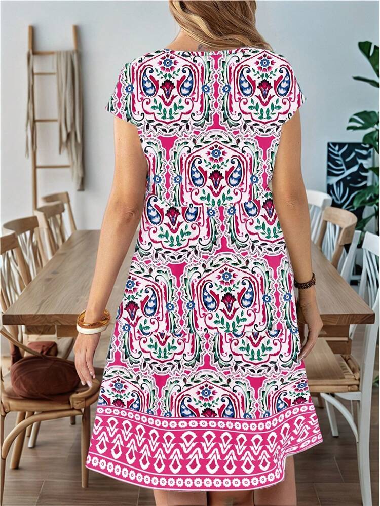 Casual Loose Crew Neck Short Sleeve Midi Dress For Women, Suitable For Summer