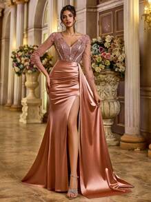 Aureia 优雅奢华的 V 领长袖蕾丝亮片刺绣紧身鱼尾长裙，带透明面板，弹力绉布面料，适合婚礼、派对、鸡尾酒会、节日、庆典活动、婚礼宾客礼服、正式礼服、晚礼服、礼服