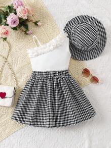 SHEIN Elladie kids 2 件套女孩优雅时尚百搭淑女荷叶边吊带背心上衣 + 千鸟格裙