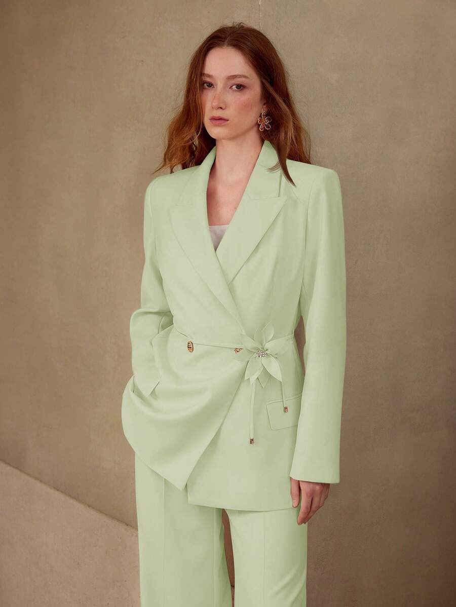 MOTF PREMIUM 双排扣立体花朵系腰带西装外套 - 薄荷綠 - 查看 1