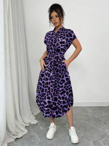 Chiquease Women's Casual Vacation Travel Leopard Print Front Button Shirt Belt Bow Pocket Side Slits 2025 Summer New Short Sleeve Long Dress