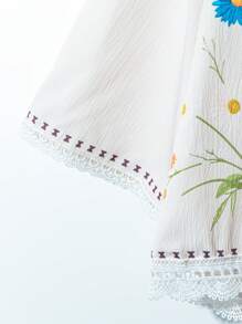 SHEIN LUNE Conjunto de dos piezas de talla grande para mujer con top de manga 3/4 de flores en contraste con adorno de encaje y pantalón de pierna ancha, para primavera/verano - Multicolor - Ver 3