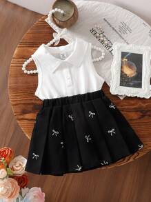 SHEIN Baby Girls Summer Korean Version Casual Cute Collared White Knit Top And Black Woven Printed Pleated Skirt Set - Black and White - View 10