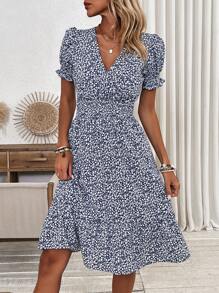 Breezaya 度假休闲迷你碎花泡泡袖连衣裙